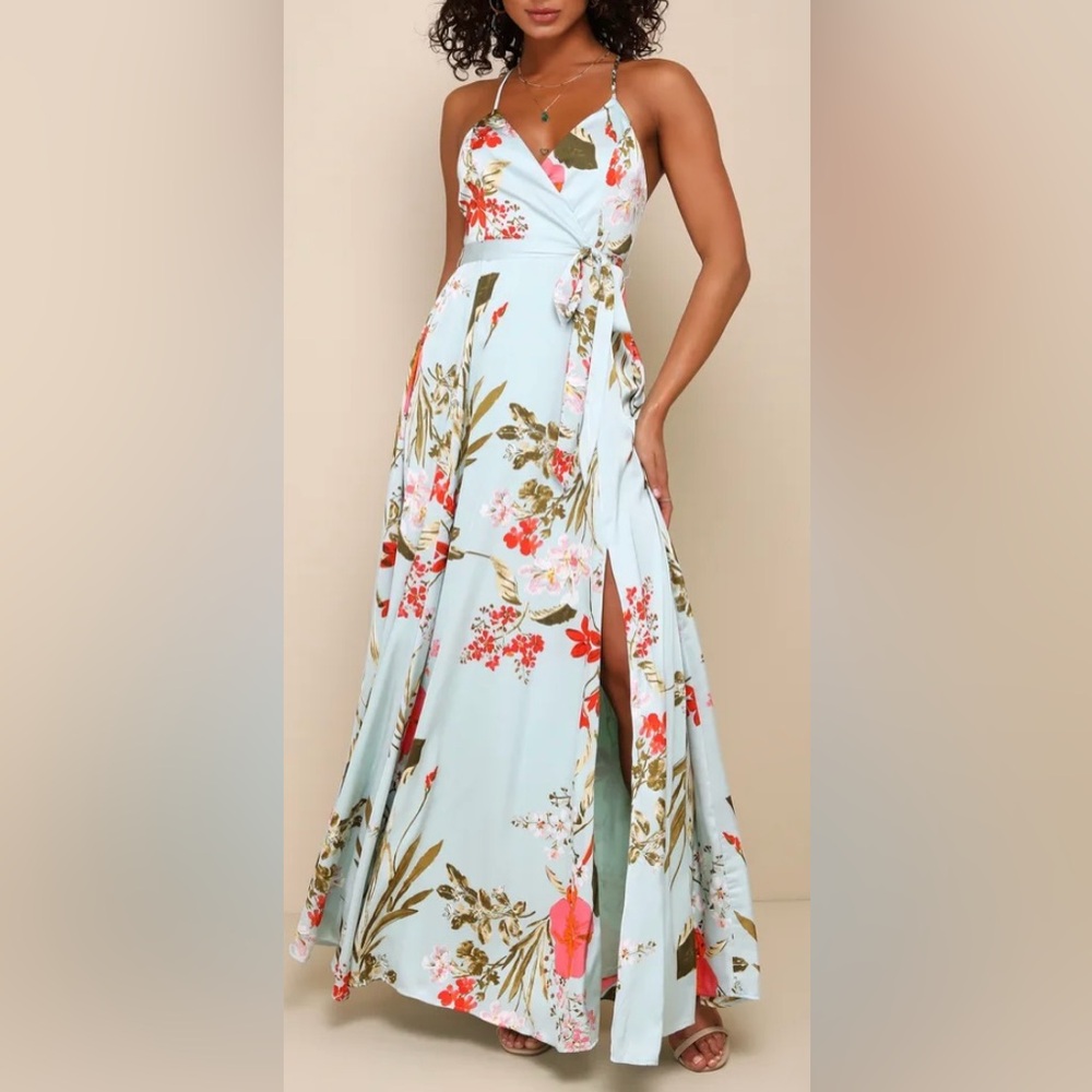 Lulus Still the One Sage Green Floral Print Satin Maxi Dress XS